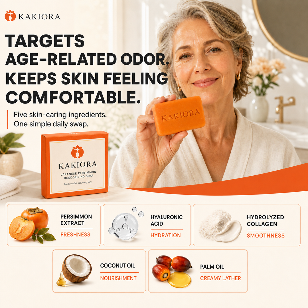 KAKIORA soap ingredients: persimmon extract, hyaluronic acid, collagen, coconut oil and palm oil
