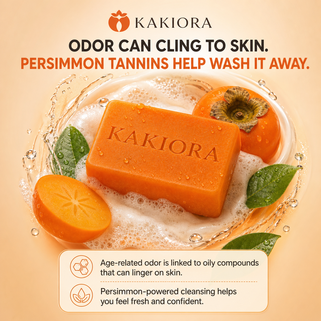 KAKIORA soap bar in a rich lather — persimmon tannins help wash odour away