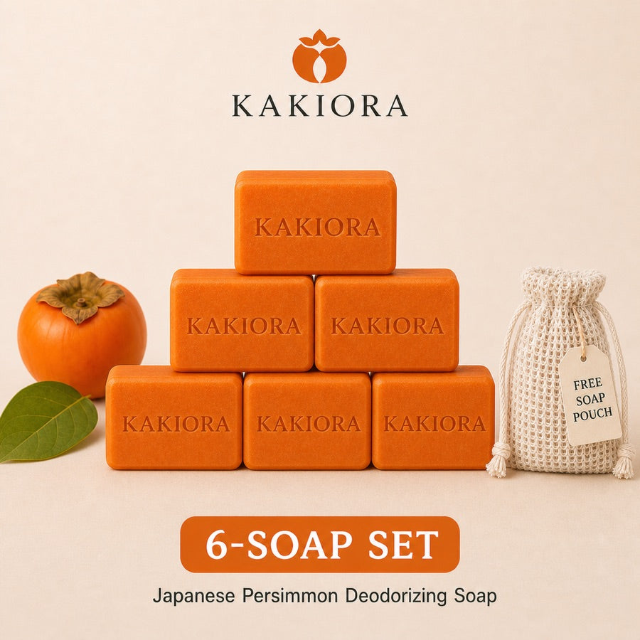 Six bars of KAKIORA Japanese persimmon soap with free storage pouch